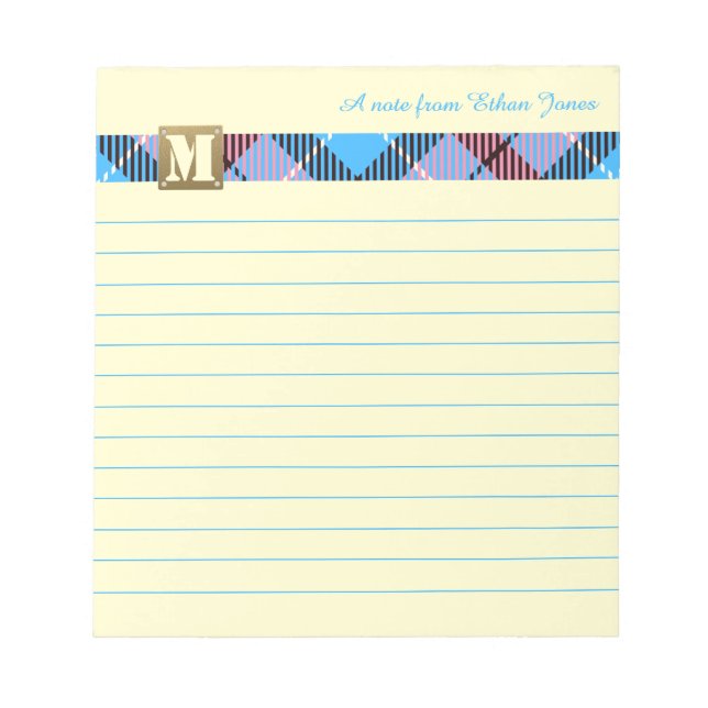 Bloc-note Monogramme moderne Nom du script Tartan Canary Lin (Devant)