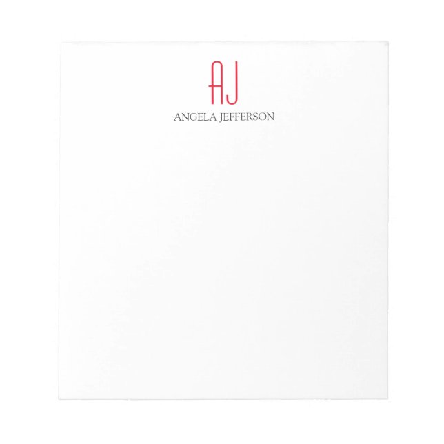 Bloc-note Monogramme moderne simple blanc rouge (Devant)
