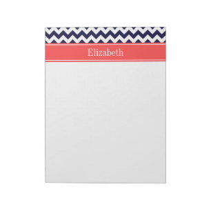 Bloc-note Monogramme Nom Rouge Corail Chevron Bleu Marine Bl
