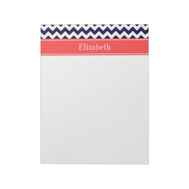 Bloc-note Monogramme Nom Rouge Corail Chevron Bleu Marine Bl (Tourné)