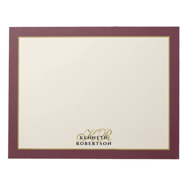 Bloc-note Monogramme personnalisé Burgundy Crème Or Minimali (Devant)
