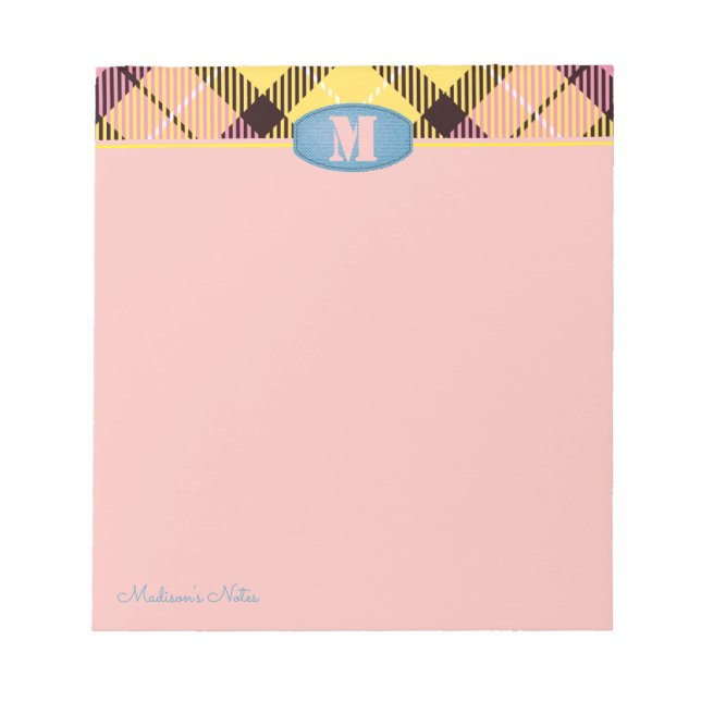 Bloc-note Monogramme personnalisé moderne Tartan Jeans rose (Devant)
