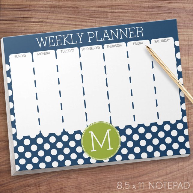 Bloc-note Monogramme personnalisé Pois bleu marine et vert c (Weekly Planner Notepad)