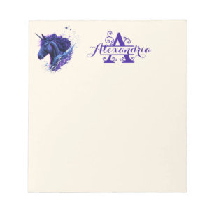 Bloc-note Monogramme Prénom Bleu Violet Licorne Magie