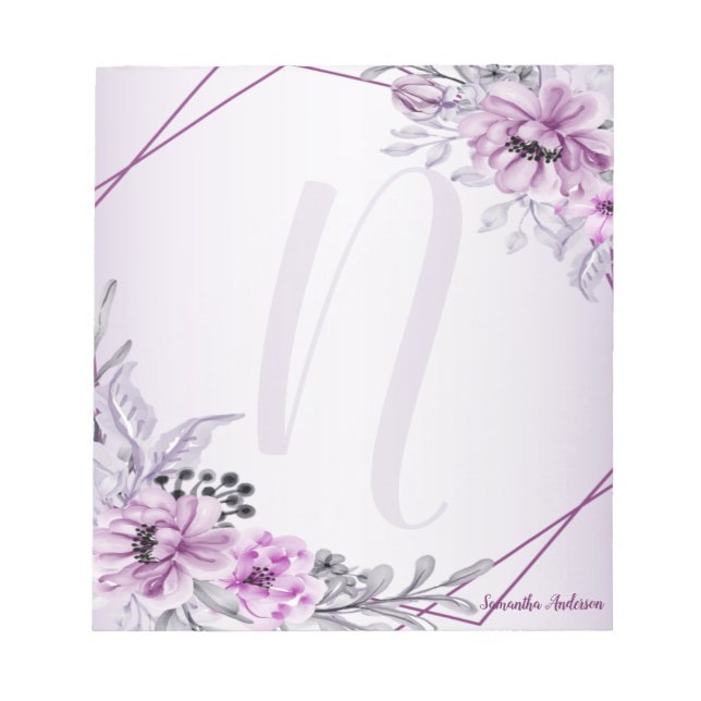 Bloc-note Monogramme rose Floral Violet Violet Cadre moderne (Devant)