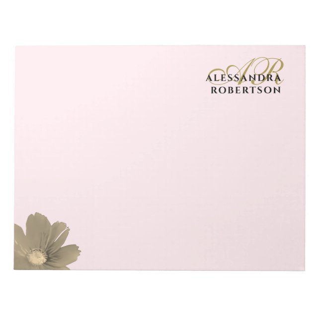 Bloc-note Monogramme Rose Pastel Or Floral Aquarelle Chic (Devant)