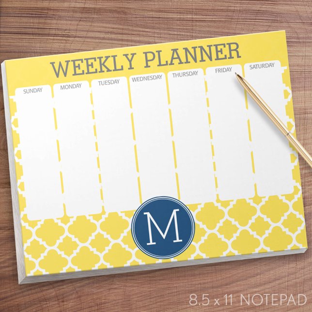 Bloc-note Monogramme sur mesure du Motif de Quatrefoil Jaune (Weekly Planner Notepad - Personalized)