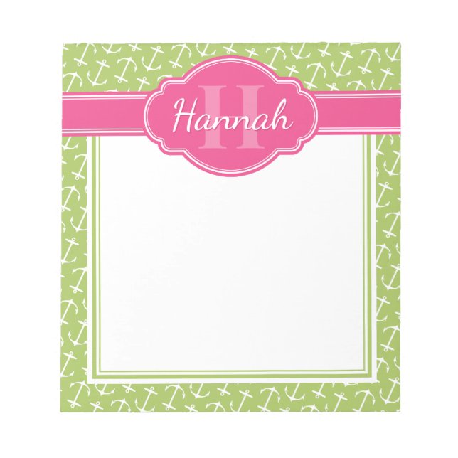 Bloc-note Monogramme vert blanc Motif Ancre rose (Devant)