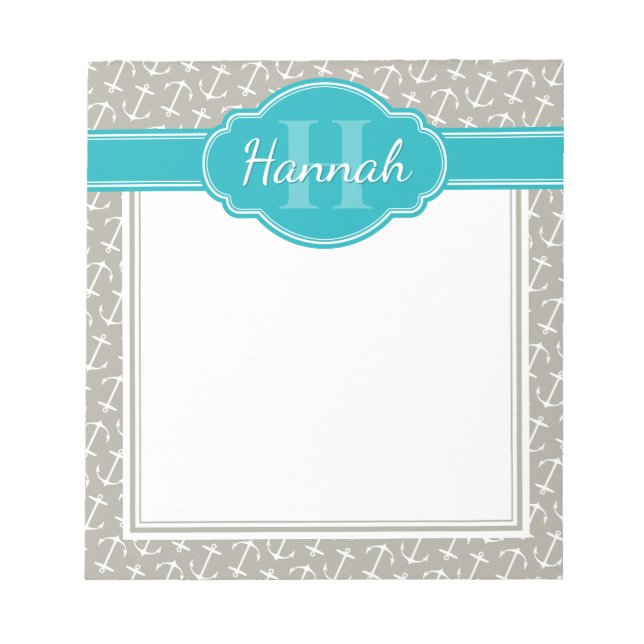 Bloc-note Motif Ancre blanc gris Turquoise Monogramme (Devant)