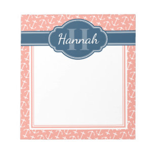 Bloc-note Motif Ancre rose blanc bleu Monogramme