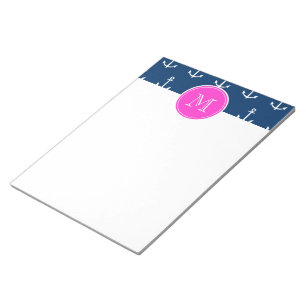 Bloc-note Motif blanc d'Ancres de bleu marine, monogramme de