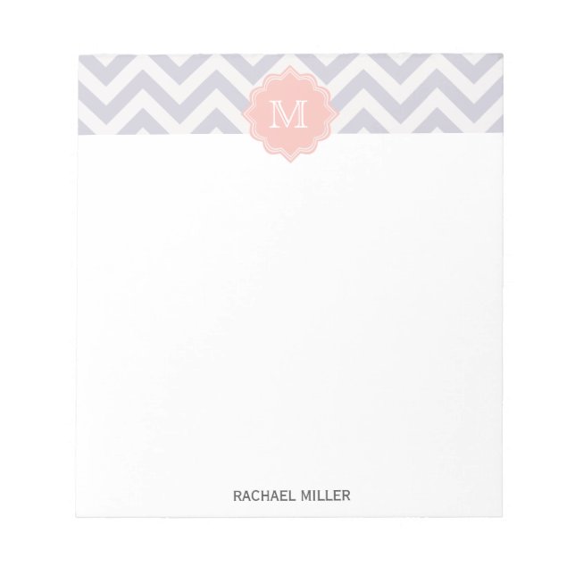 Bloc-note Motif Chevron Monogramme Tendance Gris Blanc Pêche (Devant)