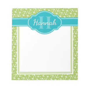 Bloc-note Motif d'ancre blanc vert Monogramme sarcelle