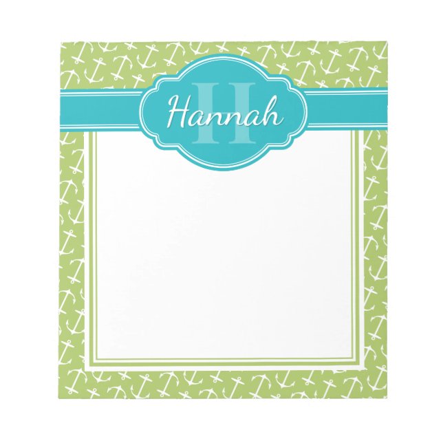 Bloc-note Motif d'ancre blanc vert Monogramme sarcelle (Devant)