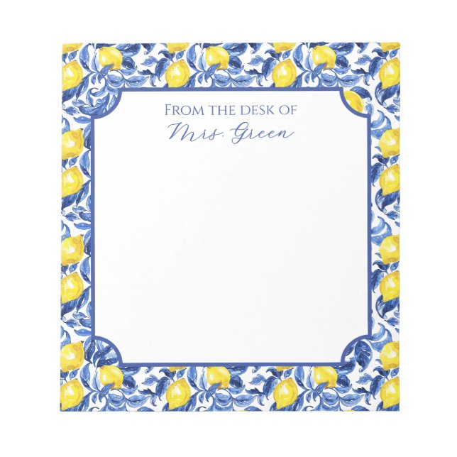 Bloc-note Motif de citron en aquarelle bleue avec monogramme (Devant)