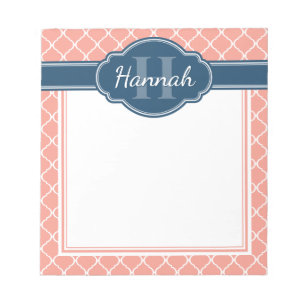 Bloc-note Motif en treillis rose blanc Monogramme bleu