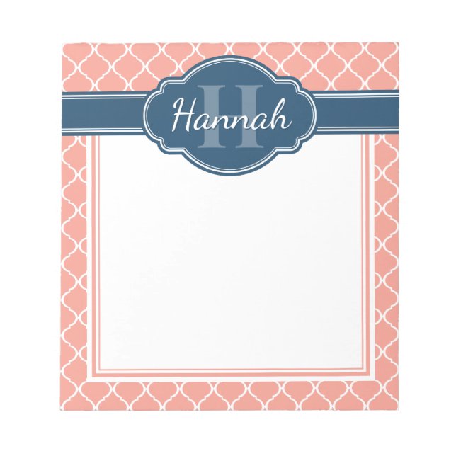 Bloc-note Motif en treillis rose blanc Monogramme bleu (Devant)