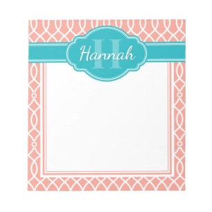 Bloc-note Motif Turquoise Monogramme rose blanc élégant