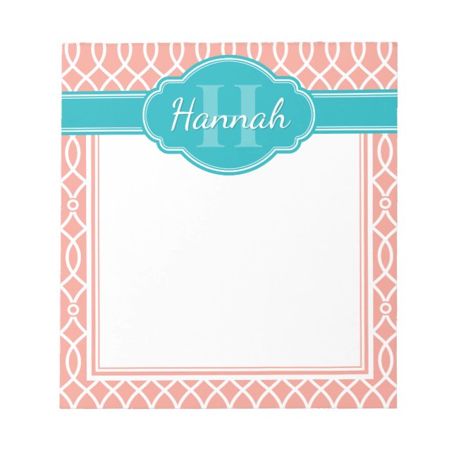 Bloc-note Motif Turquoise Monogramme rose blanc élégant (Devant)