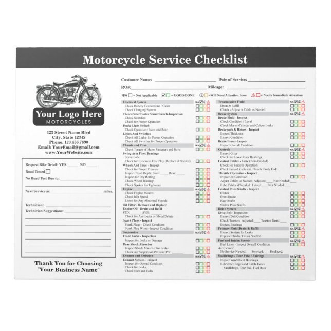 Bloc-note Motorcycle Service Checklist 8.5x11 Landscape (Devant)