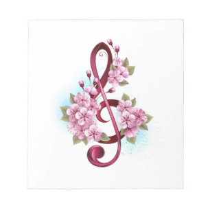 Bloc-note Musical treble clef notes with sakura flowers
