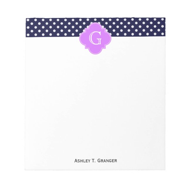 Bloc-note Navy Blanc pois lilas Quatrefeuilles Monogramme (Devant)
