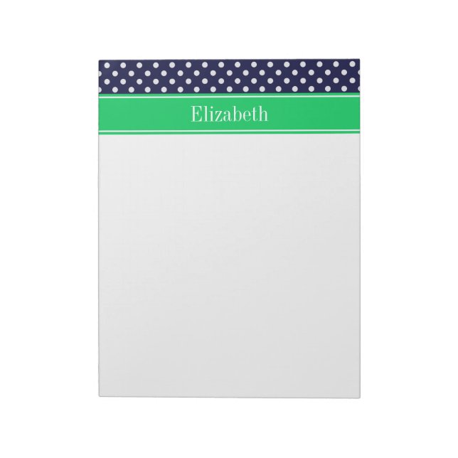 Bloc-note Navy Blue Wt Polka Dot Emerald Green Name Monogram (Tourné)