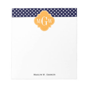 Bloc-note Navy Wt Polka Dot Cantaloupe Quatrefoil 3 monogram