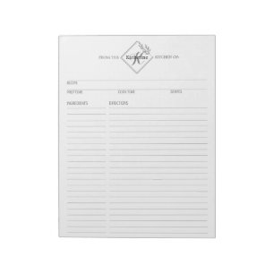 Bloc-note Nettoyer + Pages de recette simple Monogramme Bloc
