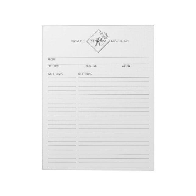Bloc-note Nettoyer + Pages de recette simple Monogramme Bloc (Tourné)