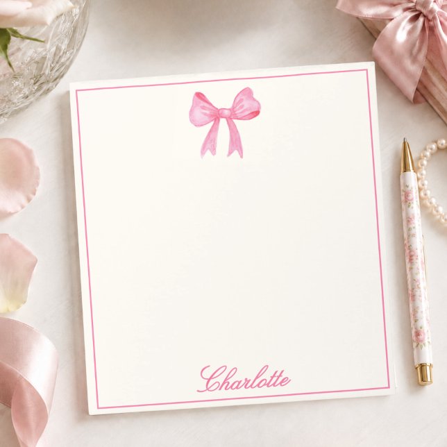 Bloc-note Nœud Rose Féminin (cute feminine pink coquette bow notepad with custom name monogram in calligraphy script for girls)