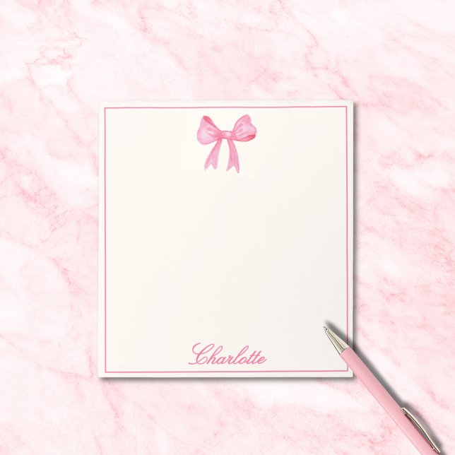 Bloc-note Nœud Rose Féminin (cute sweet pink girly coquette bow notepad, custom name in calligraphy script, stationery for her)