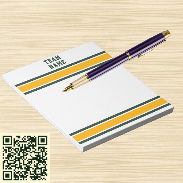 Bloc-note Nom de l'équipe de sport Vert & Or avec des rayure (Sports Team Name Green & Gold with White Stripes Notepad)