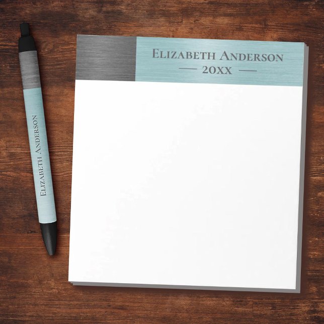 Bloc-note Nom de monogramme moderne en métal brossé (metallic blue and grey modern chic monogram name notepad)