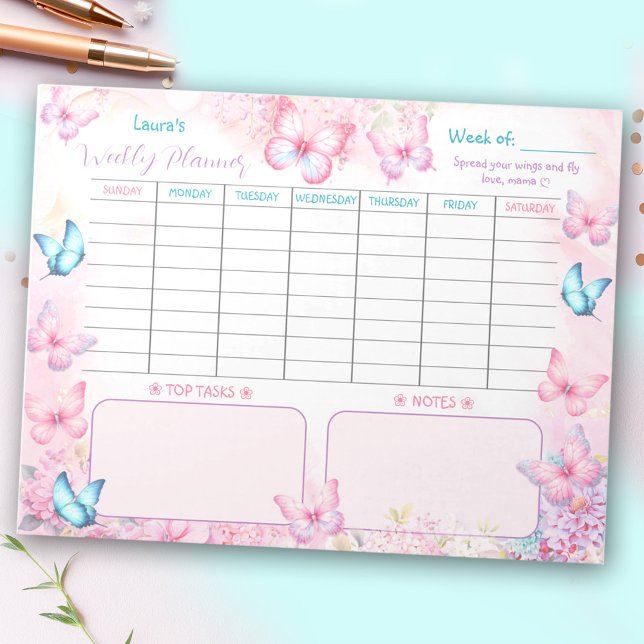Bloc-note Nom floral rose violet du papillon du planificateu (Weekly Planner Butterfly Pink Purple Floral Name Notepad)