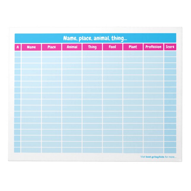 Bloc-note Nom, lieu, animal, mot de chose Jeu (Devant)