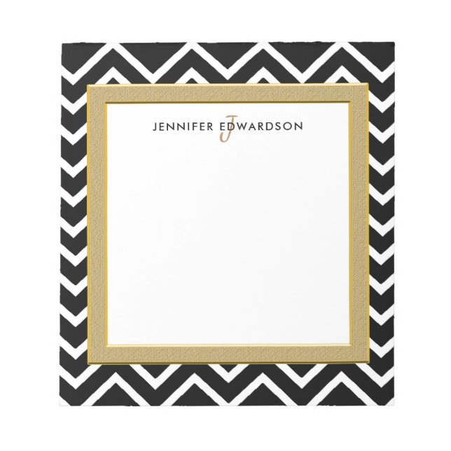 Bloc-note Nom monogramme du motif de chevron noir moderne (Devant)