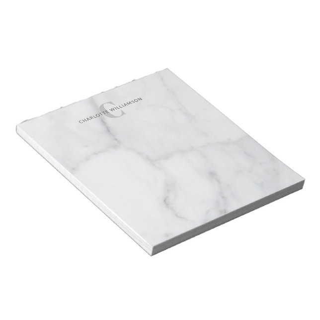 Bloc-note Nom monogrammé élégant sur marbre gris blanc  (Incliné)