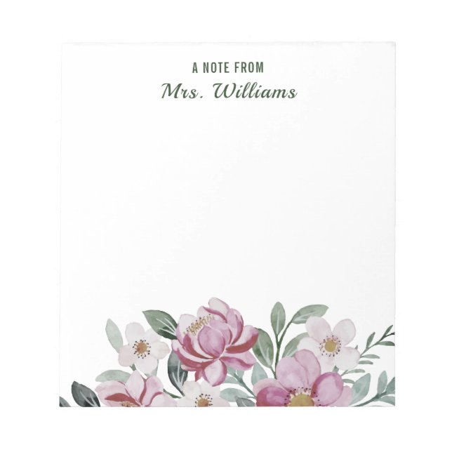 Bloc-note Nom Personnalisé Aquarelle Fleurs Floral Une Note  (Devant)