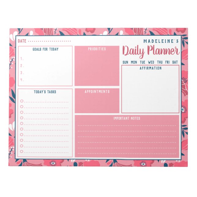 Bloc-note Nom personnalisé Moderne Floral Daily Planner (Devant)
