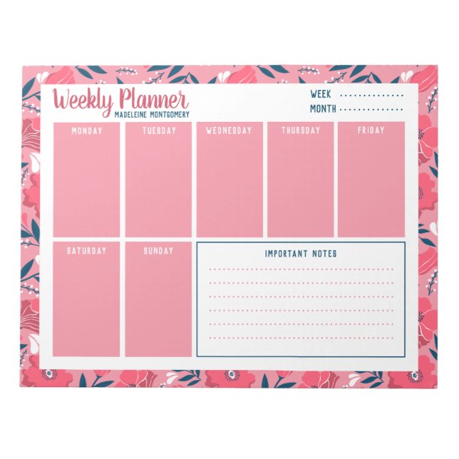 Bloc-note Nom personnalisé Moderne Floral Planificateur hebd (Devant)