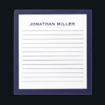 Bloc-note Nom typographique simple de la marine blanche<br><div class="desc">Un bloc-notes professionnel avec un design minimaliste dans un bleu marine et blanc. Initiale monogramme personnalisée et nom sur un simple arrière - plan blanc,  encadré par une bordure de marine. Personnalisez-vous en utilisant les champs fournis ou utilisez le bouton "message" pour contacter le concepteur pour obtenir de l'aide.</div>