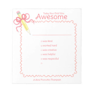 Bloc-note Note de bon comportement de l'enseignant Crayon