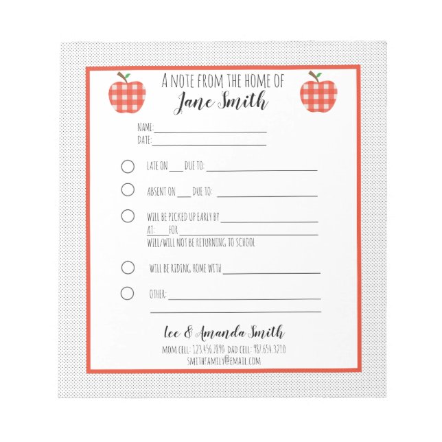 Bloc-note Note de l'école de pomme Red Plaid (Devant)