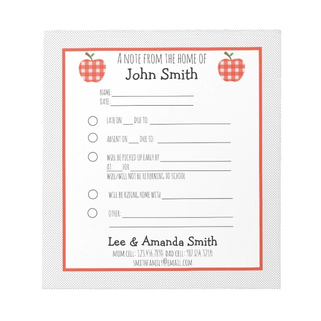 Bloc-note Note de l'école de pomme Red Plaid (Devant)