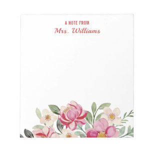 Bloc-note Note De Nom Personnalisé Fleurs D'Aquarelle Floral