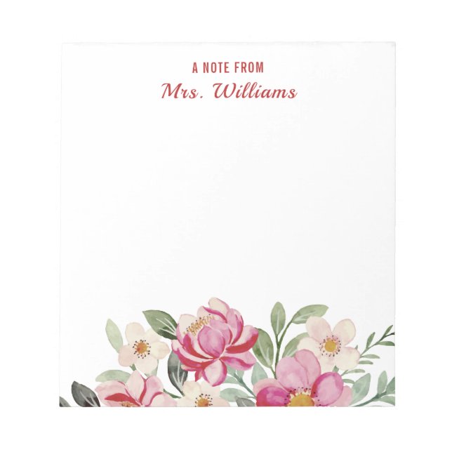 Bloc-note Note De Nom Personnalisé Fleurs D'Aquarelle Floral (Devant)