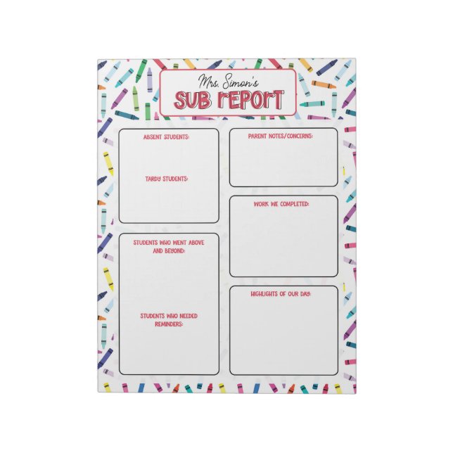 Bloc-note Note de rapport de l'enseignant suppléant crayons  (Tourné)