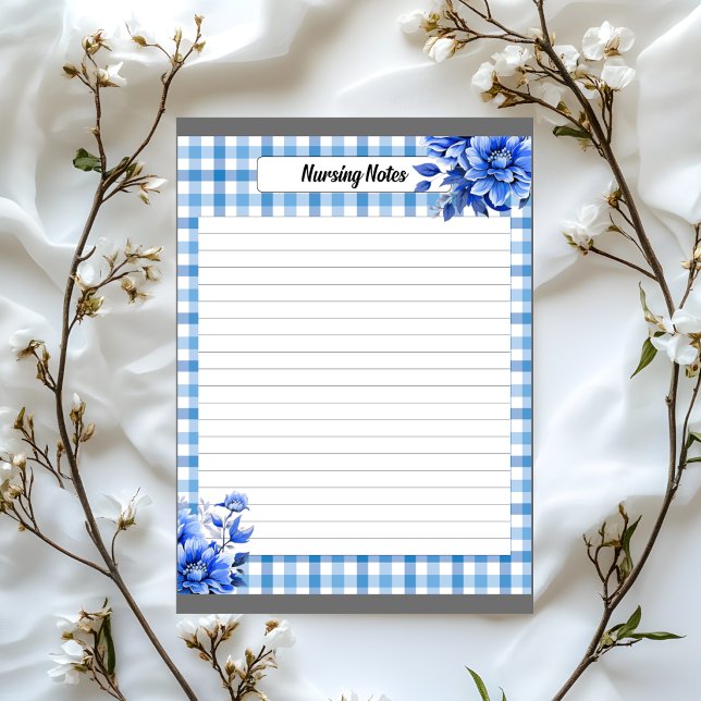 Bloc-note Notes de soins infirmiers à carreaux floraux bleus (Créateur téléchargé)