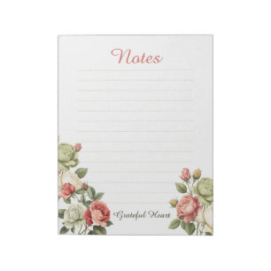 Bloc-note Notes lignées à cœur reconnaissant et roses floral